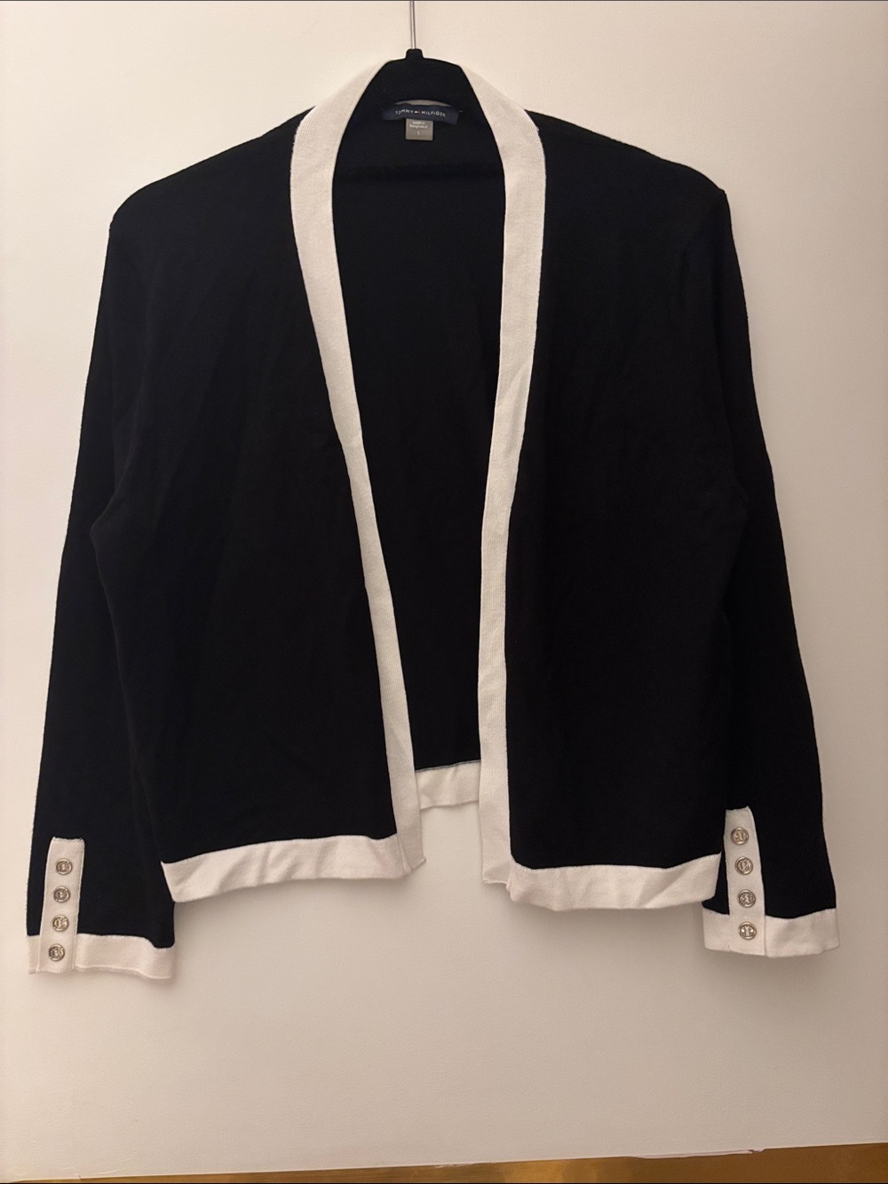 Tommy Hilfiger Black and White Trim Open-Front Cardigan